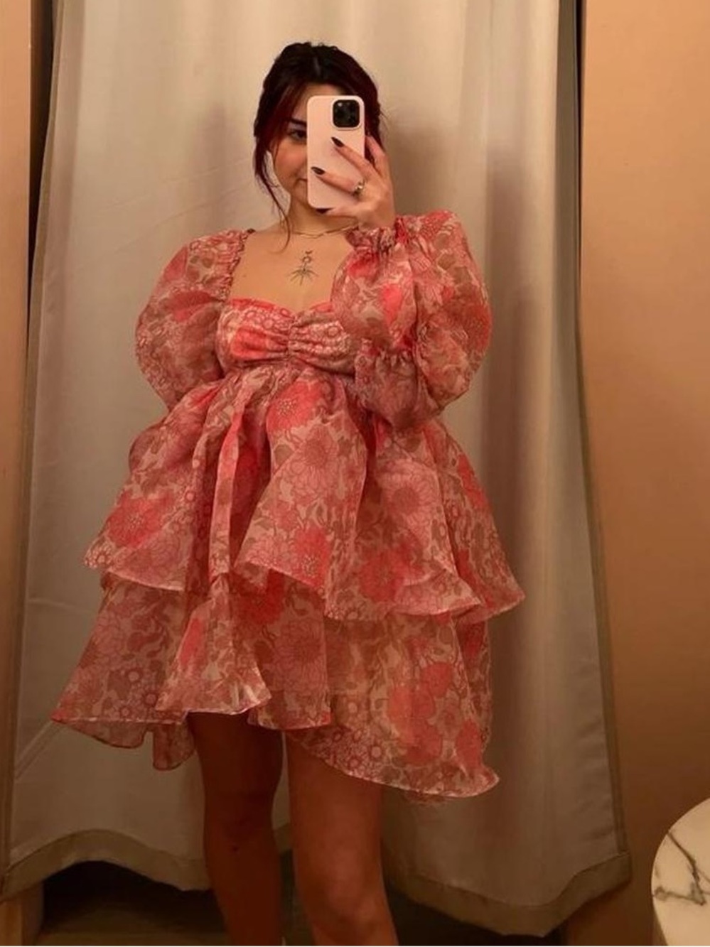 NWT SELKIE Moonlight Puff Wildflower Pink Floral Tiered Mini Dress L